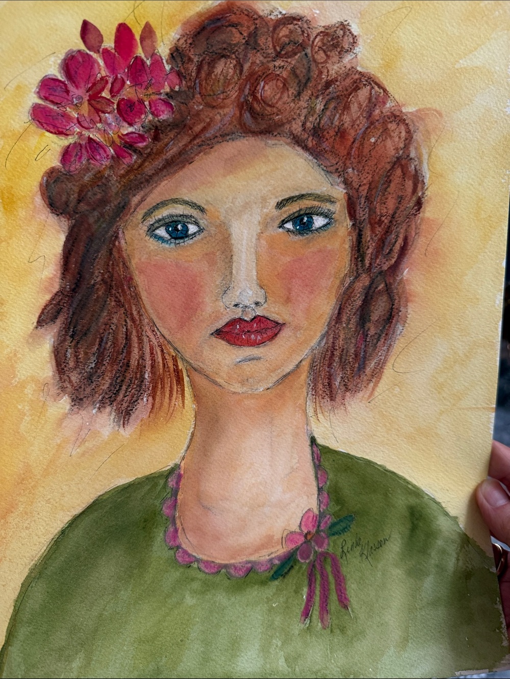 Original art watercolour, beautiful woman in green - Picture 1 of 4